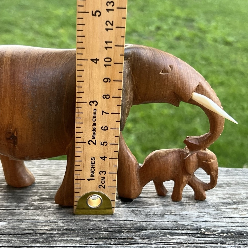 Hand Carved Kenya Wooden Elephant & Calf Connected Sculpture Safari Decor - Picture 8 of 8